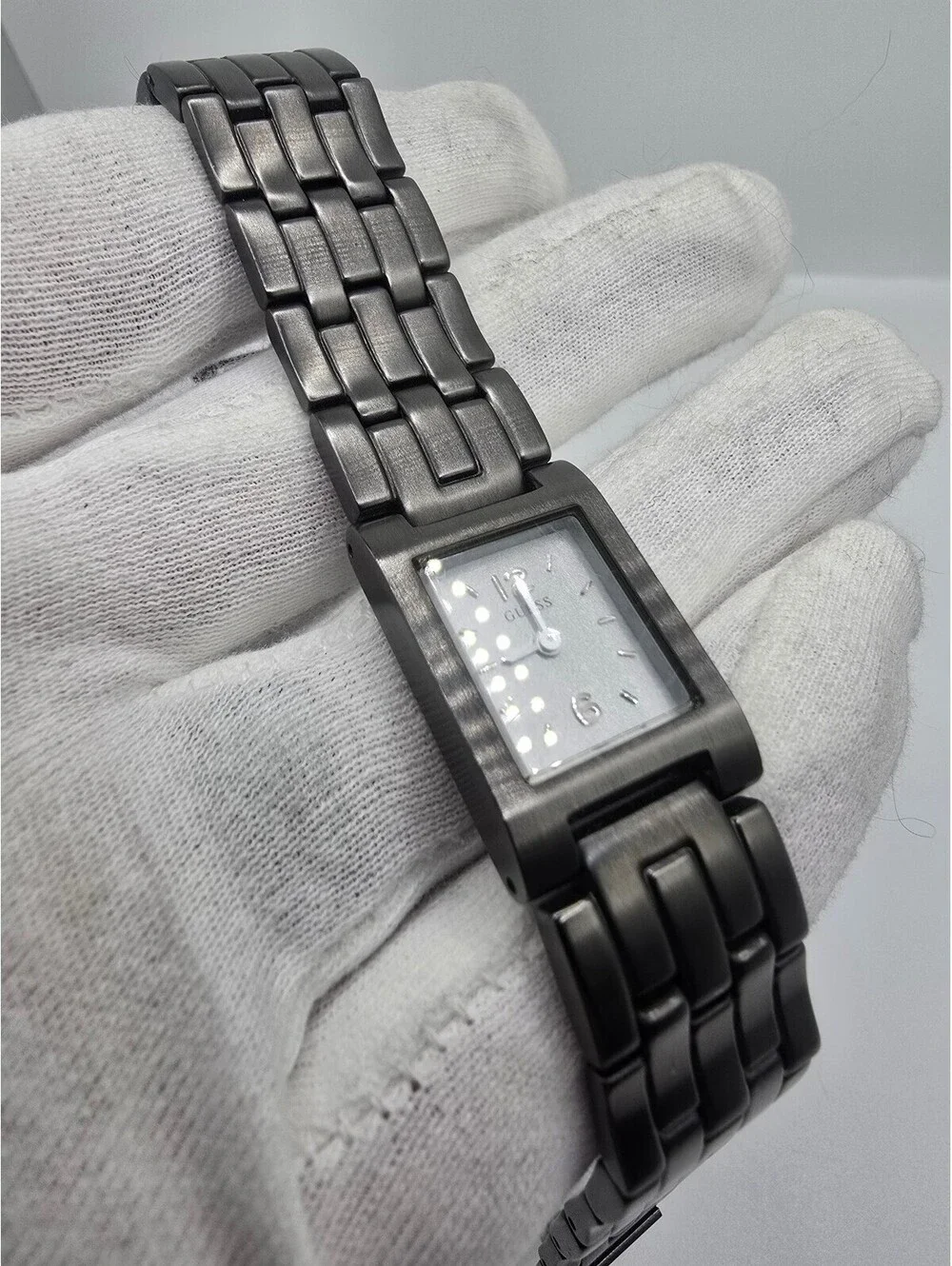 GUESS Women’s Quartz Analog Rectangle Watch Silver Dial Gray Stainless Bracelet